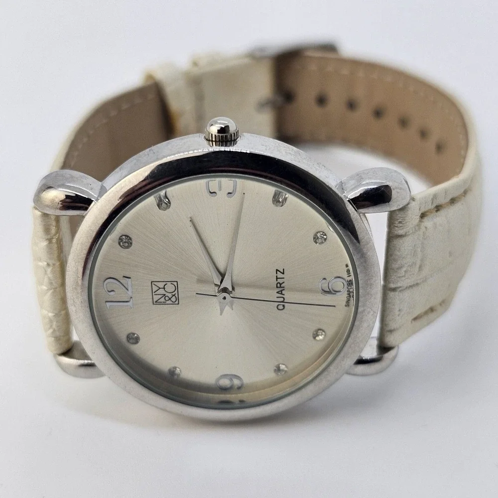 NYC Women's Watch 34MM Gray Dial Cream‎ Faux Leather Band Straps New Battery